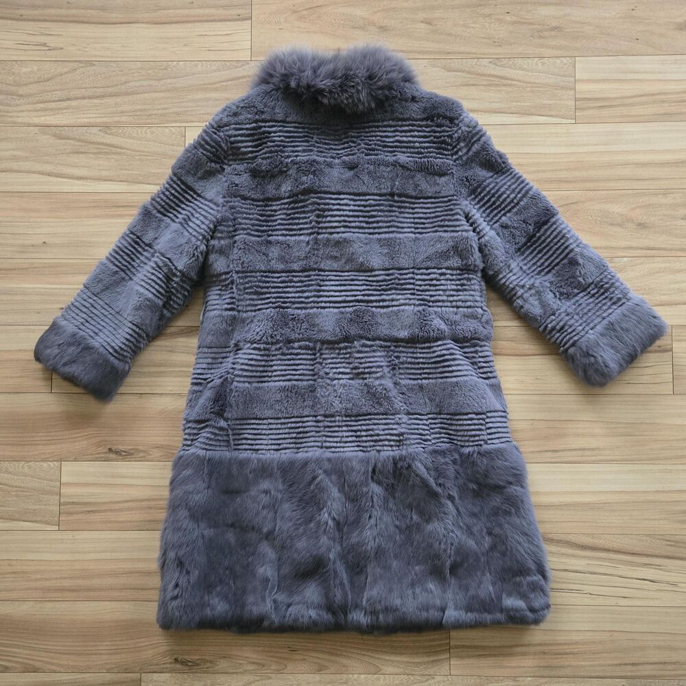 Vintage genuine rabbit fur long coat genuine fox fur collar gray womens L-XL - Picture 2 of 16